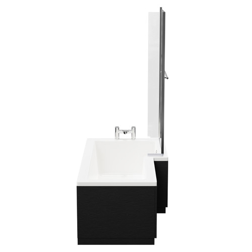 Loire 1700mm Right Hand L Shaped Shower Bath with Towel Rail Bath Screen and Nero Oak Front and End Bath Panel Side View