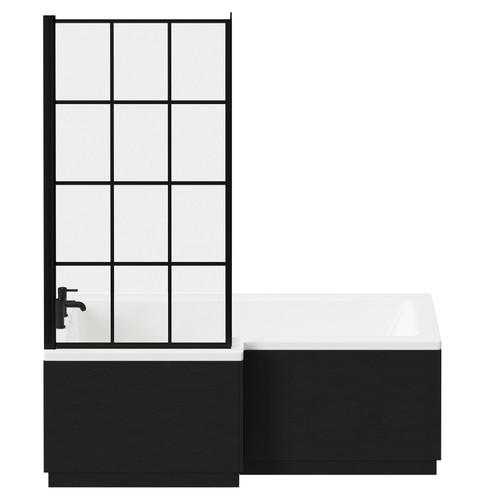 Loire 1700mm Left Hand L Shaped Shower Bath with Matt Black Bath Screen and Nero Oak Front and End Bath Panel Front View