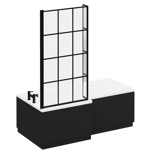 Loire 1700mm Left Hand L Shaped Shower Bath with Matt Black Bath Screen and Nero Oak Front and End Bath Panel Left Hand View