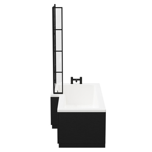 Loire 1700mm Left Hand L Shaped Shower Bath with Matt Black Bath Screen and Nero Oak Front and End Bath Panel Side View