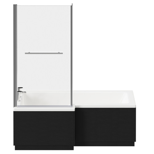 Loire 1700mm Left Hand L Shaped Shower Bath with Towel Rail Bath Screen and Nero Oak Front and End Bath Panel Front View