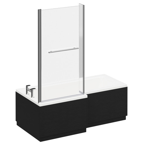 Loire 1700mm Left Hand L Shaped Shower Bath with Towel Rail Bath Screen and Nero Oak Front and End Bath Panel Left Hand View
