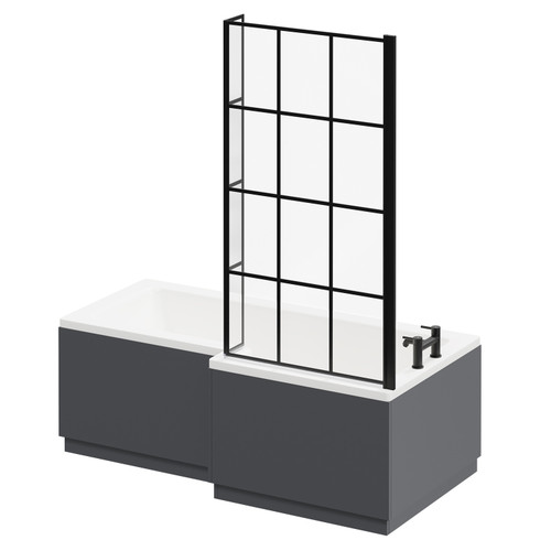 Loire 1700mm Right Hand L Shaped Shower Bath with Matt Black Bath Screen with Gloss Grey Front and End Bath Panel Right Hand Side View