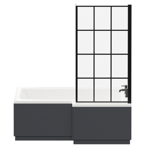 Loire 1700mm Right Hand L Shaped Shower Bath with Matt Black Bath Screen with Gloss Grey Front and End Bath Panel Front View