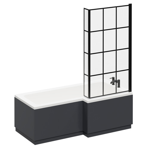 Loire 1700mm Right Hand L Shaped Shower Bath with Matt Black Bath Screen with Gloss Grey Front and End Bath Panel Left Hand View