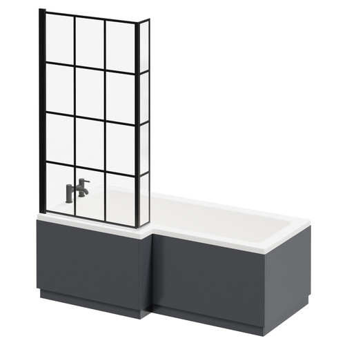 Loire 1700mm Left Hand L Shaped Shower Bath with Matt Black Bath Screen and Gloss Grey Front and End Bath Panel Right Hand Side View