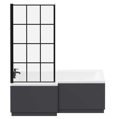 Loire 1700mm Left Hand L Shaped Shower Bath with Matt Black Bath Screen and Gloss Grey Front and End Bath Panel Front View