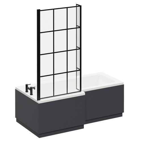 Loire 1700mm Left Hand L Shaped Shower Bath with Matt Black Bath Screen and Gloss Grey Front and End Bath Panel Left Hand View