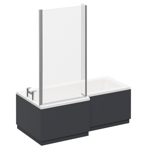 Loire 1700mm Left Hand L Shaped Shower Bath with Bath Screen and Gloss Grey Front and End Bath Panel Left Hand View