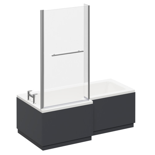 Loire 1700mm Left Hand L Shaped Shower Bath with Towel Rail Bath Screen and Gloss Grey Front and End Bath Panel Left Hand View