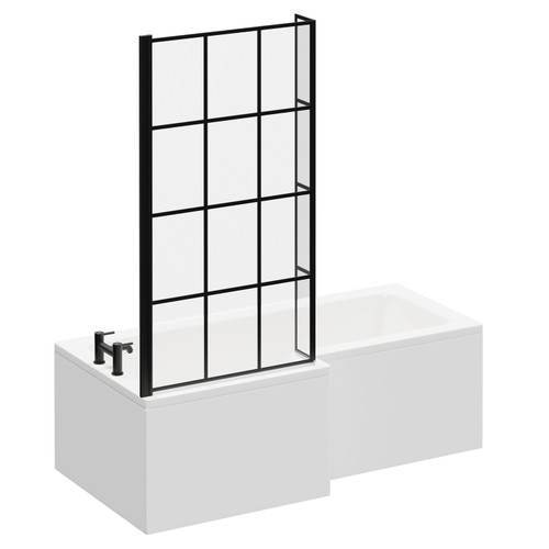 Loire 1700mm Left Hand L Shaped Shower Bath with Matt Black Bath Screen and White Acrylic Front Bath Panel Left Hand View