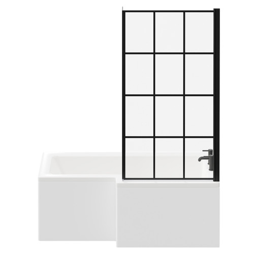 Loire 1500mm Right Hand L Shaped Shower Bath with Matt Black Bath Screen and White Acrylic Front Bath Panel Front View