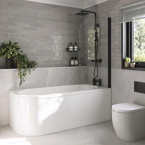 Arc 1700mm x 750mm Right Hand Curved Shower Bath with Matt Black Bath Screen and White Acrylic Front Bath Panel Lifestyle Image
