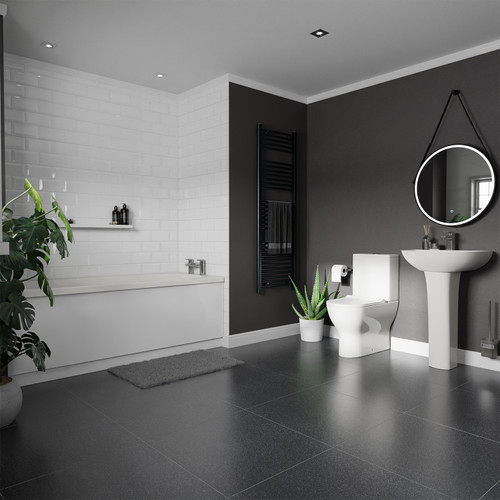 A modern bathroom suite including straight single ended bath, basin, pedestal and close coupled toilet