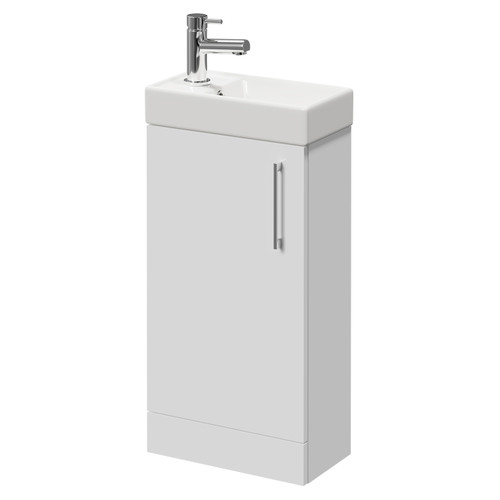 Napoli Compact Gloss White 400mm Floor Standing Vanity Unit with 1 Tap Hole Basin and Single Door with Polished Chrome Handle Right Hand View