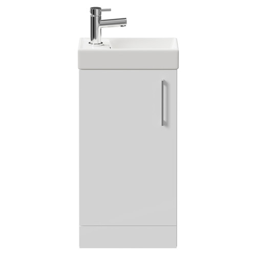 Napoli Compact Gloss White 400mm Floor Standing Vanity Unit with 1 Tap Hole Basin and Single Door with Polished Chrome Handle Front View