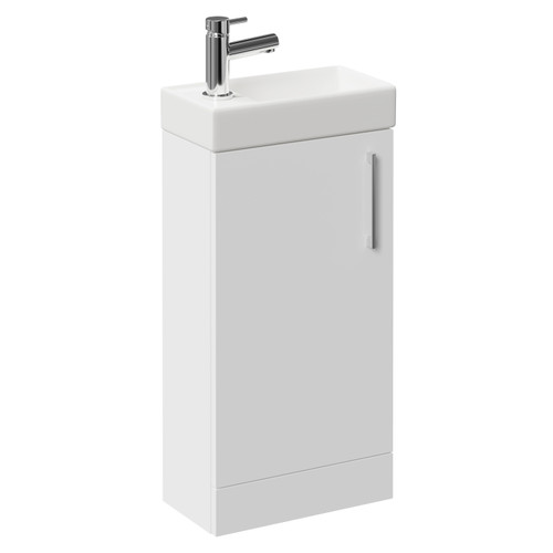 Napoli Compact Gloss White 400mm Floor Standing Vanity Unit with 1 Tap Hole Basin and Single Door with Polished Chrome Handle Left Hand View