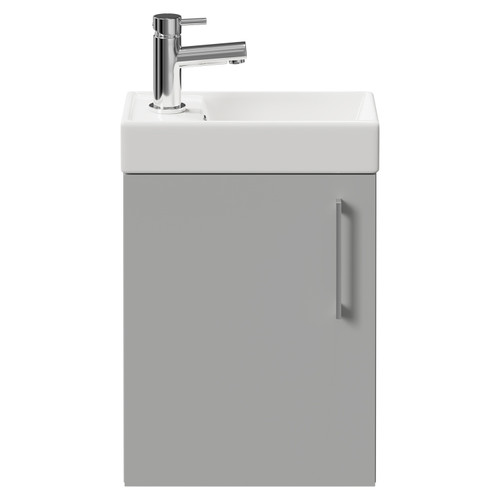 Napoli Compact Gloss Grey Pearl 400mm Wall Mounted Vanity Unit with 1 Tap Hole Basin and Single Door with Polished Chrome Handle Front View