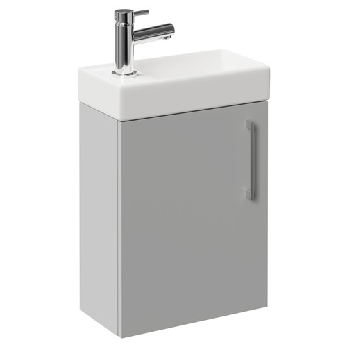 Napoli Compact Gloss Grey Pearl 400mm Wall Mounted Vanity Unit with 1 Tap Hole Basin and Single Door with Polished Chrome Handle Left Hand View