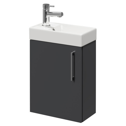 Napoli Compact Gloss Grey 400mm Wall Mounted Vanity Unit with 1 Tap Hole Basin and Single Door with Polished Chrome Handle Right Hand View