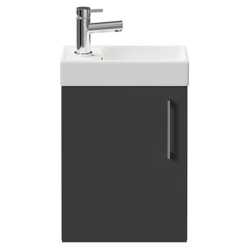 Napoli Compact Gloss Grey 400mm Wall Mounted Vanity Unit with 1 Tap Hole Basin and Single Door with Polished Chrome Handle Front View