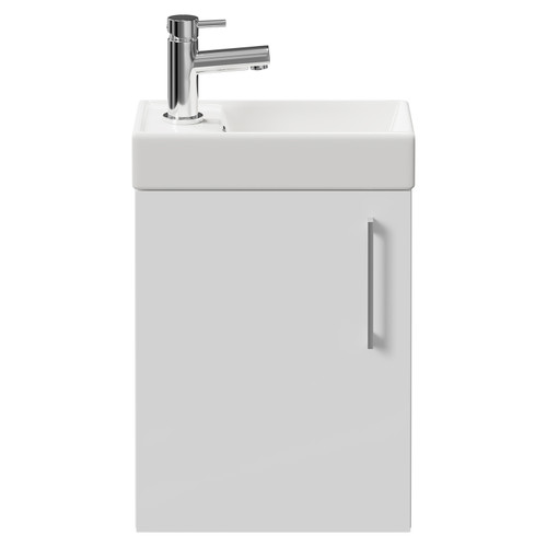 Napoli Compact Gloss White 400mm Wall Mounted Vanity Unit with 1 Tap Hole Basin and Single Door with Polished Chrome Handle Front View