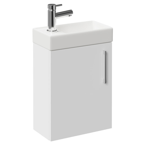 Napoli Compact Gloss White 400mm Wall Mounted Vanity Unit with 1 Tap Hole Basin and Single Door with Polished Chrome Handle Left Hand View