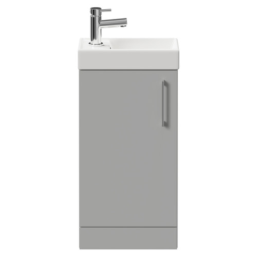 Napoli Compact Gloss Grey Pearl 400mm Floor Standing Vanity Unit with 1 Tap Hole Basin and Single Door with Polished Chrome Handle Front View