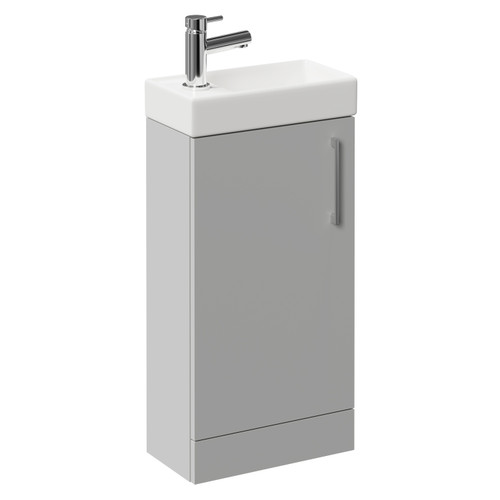 Napoli Compact Gloss Grey Pearl 400mm Floor Standing Vanity Unit with 1 Tap Hole Basin and Single Door with Polished Chrome Handle Left Hand View