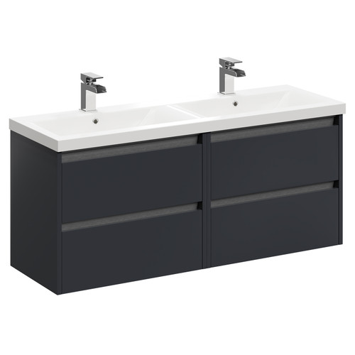 City Gloss Grey 1200mm Wall Mounted 4 Drawer Vanity Unit and Double Ceramic Basin with 1 Tap Hole Left Hand View