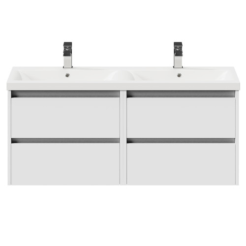 City Gloss White 1200mm Wall Mounted 4 Drawer Vanity Unit and Double Ceramic Basin with 1 Tap Hole View from the Front