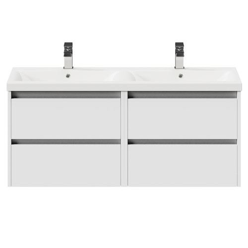 City Gloss White 1200mm Wall Mounted 4 Drawer Vanity Unit and Double Ceramic Basin with 1 Tap Hole View from the Front