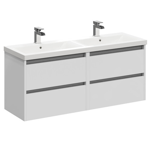 City Gloss White 1200mm Wall Mounted 4 Drawer Vanity Unit and Double Ceramic Basin with 1 Tap Hole Left Hand View