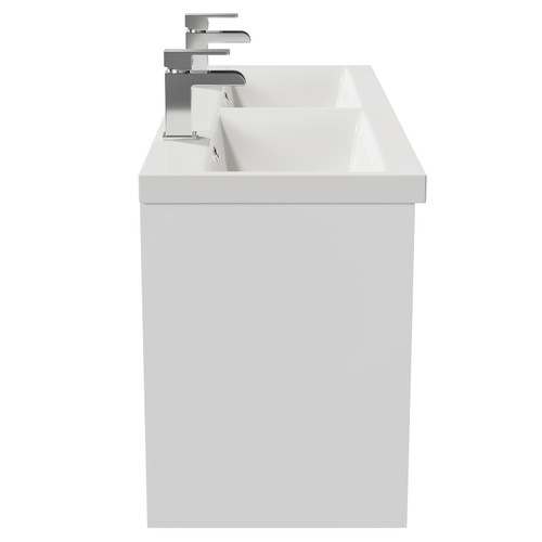 City Gloss White 1200mm Wall Mounted 4 Drawer Vanity Unit and Double Ceramic Basin with 1 Tap Hole View from the Side