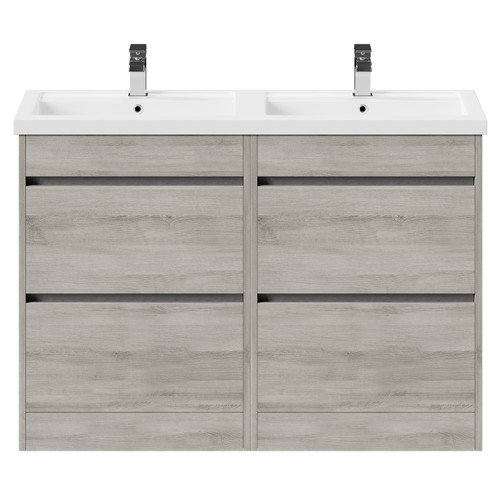 City Molina Ash 1200mm Floor Standing 4 Drawer Vanity Unit and Twin Polymarble Basin with 1 Tap Hole View from the Front