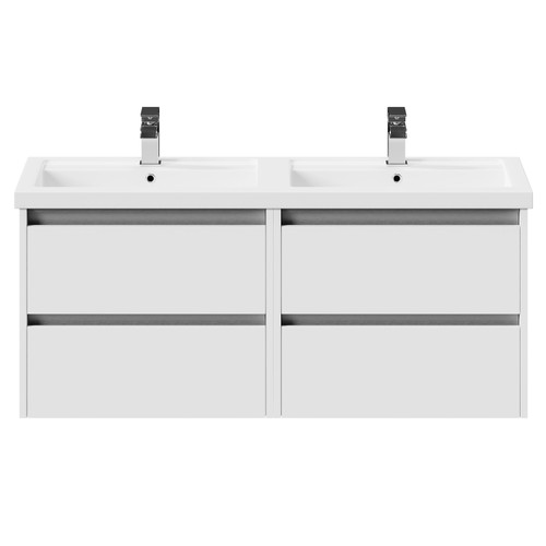 City Gloss White 1200mm Wall Mounted 4 Drawer Vanity Unit and Twin Polymarble Basin with 1 Tap Hole View from the Front