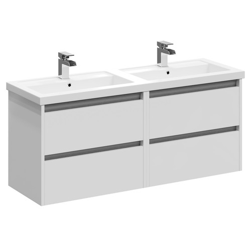 City Gloss White 1200mm Wall Mounted 4 Drawer Vanity Unit and Twin Polymarble Basin with 1 Tap Hole Left Hand View