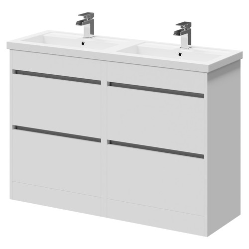 City Gloss White 1200mm Floor Standing 4 Drawer Vanity Unit and Twin Polymarble Basin with 1 Tap Hole Right Hand Side View