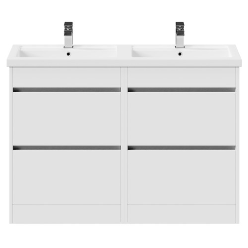 City Gloss White 1200mm Floor Standing 4 Drawer Vanity Unit and Twin Polymarble Basin with 1 Tap Hole View from the Front