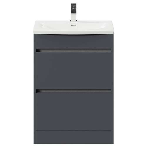 City Gloss Grey 600mm Floor Standing 2 Drawer Vanity Unit and Curved Basin with 1 Tap Hole View from the Front