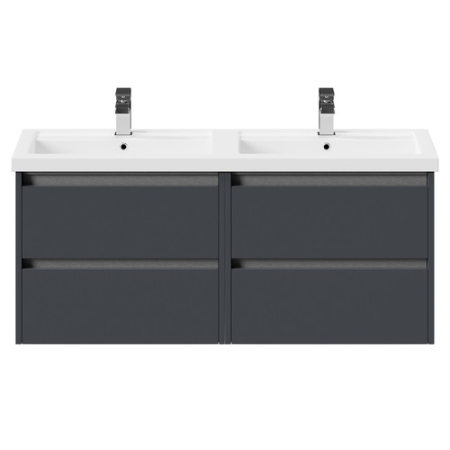 City Gloss Grey 1200mm Wall Mounted 4 Drawer Vanity Unit and Twin Polymarble Basin with 1 Tap Hole View from the Front
