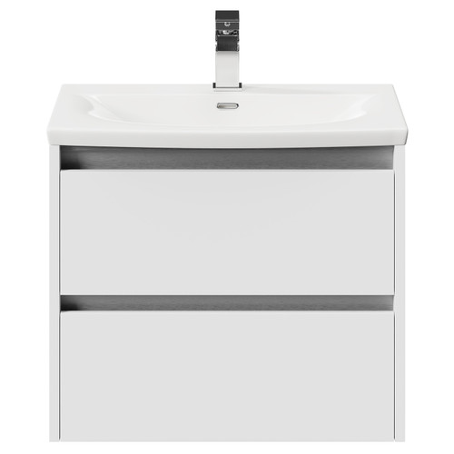 City Gloss White 600mm Wall Mounted 2 Drawer Vanity Unit and Curved Basin with 1 Tap Hole View from the Front