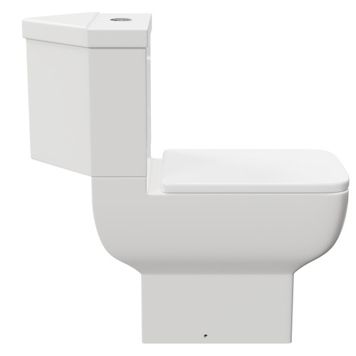 Tacoma Open Back Close Coupled Corner Toilet with Soft Close Toilet Seat View from the Side