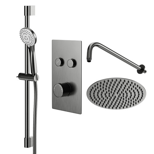 Colore Round Gunmetal Grey Concealed Push Button Twin Thermostatic Shower Valve Including 300mm Fixed Shower Head with Wall Arm and Slide Rail Kit Right Hand Side View