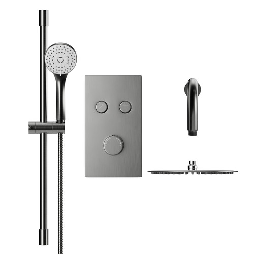 Colore Round Gunmetal Grey Concealed Push Button Twin Thermostatic Shower Valve Including 300mm Fixed Shower Head with Wall Arm and Slide Rail Kit View from the Front