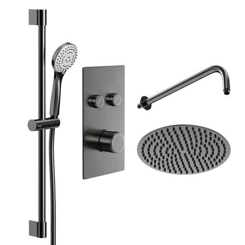 Colore Round Gunmetal Grey Concealed Push Button Twin Thermostatic Shower Valve Including 300mm Fixed Shower Head with Wall Arm and Slide Rail Kit Left Hand View