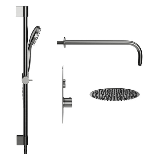 Colore Round Gunmetal Grey Concealed Push Button Twin Thermostatic Shower Valve Including 300mm Fixed Shower Head with Wall Arm and Slide Rail Kit View from the Side