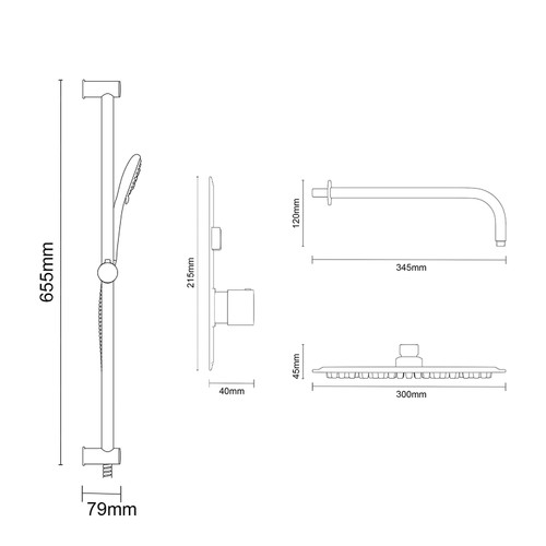 Colore Round Gunmetal Grey Concealed Push Button Twin Thermostatic Shower Valve Including 300mm Fixed Shower Head with Wall Arm and Slide Rail Kit Dimensions