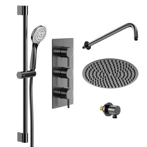 Colore Round Gunmetal Grey Concealed Triple Thermostatic Shower Valve Including 300mm Fixed Shower Head with Wall Arm and Slide Rail Kit Left Hand View