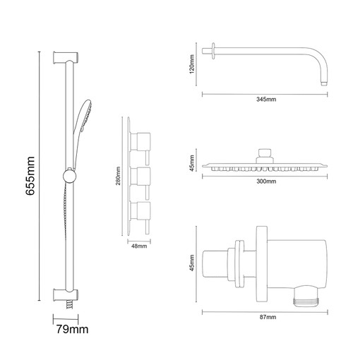 Colore Round Gunmetal Grey Concealed Triple Thermostatic Shower Valve Including 300mm Fixed Shower Head with Wall Arm and Slide Rail Kit Dimensions